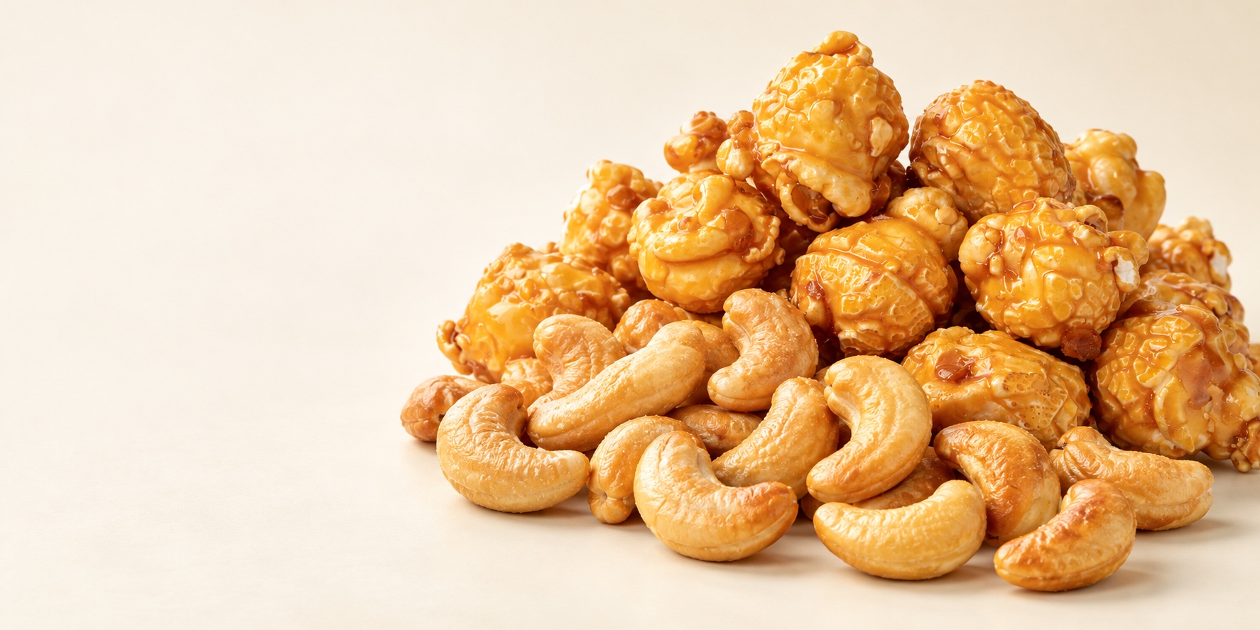 Whole roasted cashews and mushroom-style caramel popcorn